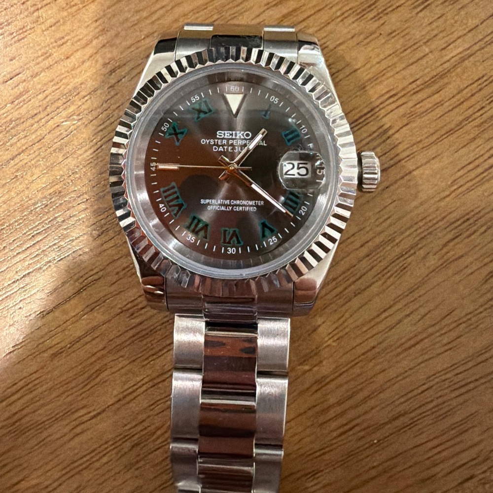 Modded Seiko Silver and Brown Datejust Watch
